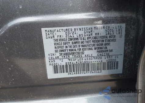 2021 Nissan Sentra Sr Xtronic Cvt z USA, uszkodzony, nr VIN 3N1AB8DV6MY260162